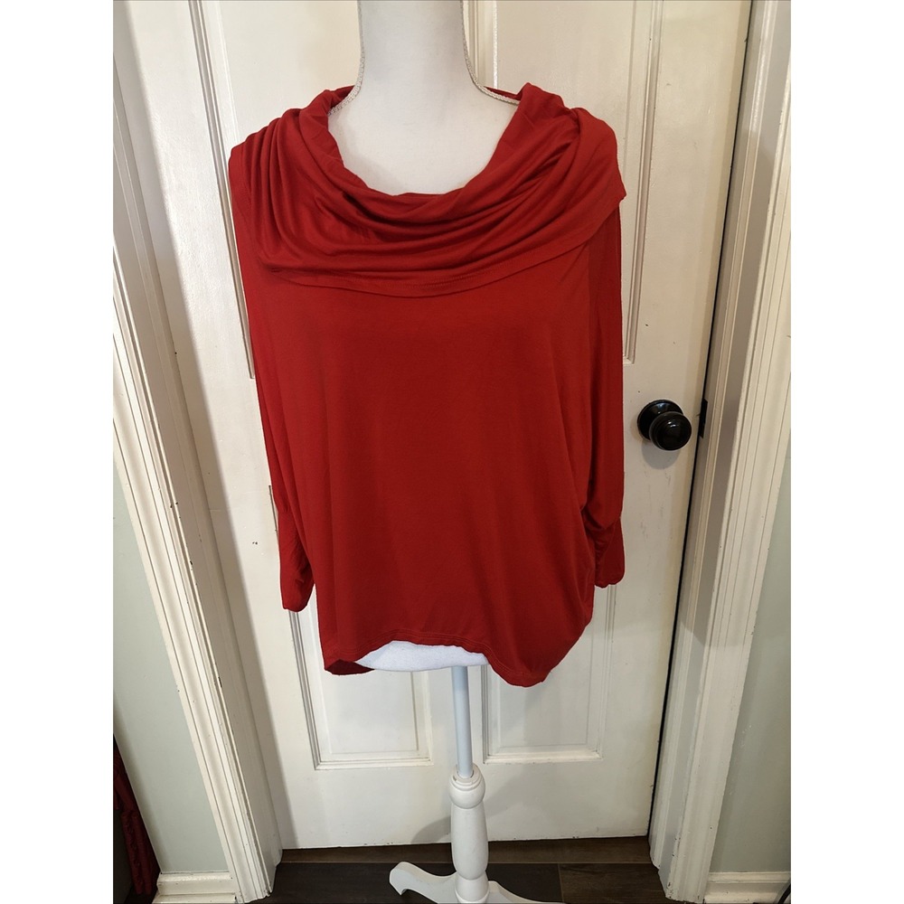 Karen Kane Red Draped Cowl Neck Hi Low Hem 3/4 Dolman Sleeves Size Medium